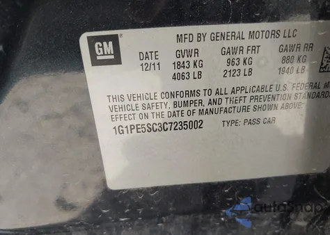 2012 Chevrolet Cruze Lt from USA, damaged, VIN 1G1PE5SC3C7235002
